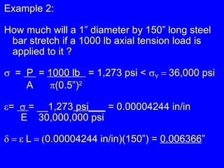 Example 2: How much will a 1” diameter by 150” long steel bar stretch if a 1000 lb axial tension load is applied to it ?    =  P  =  1000 lb  = 1,273 psi <   Y  36,000 psi A   (0.5”) 2  =      = __1,273  psi___  = 0.00004244 in/in   E  30,000,000 psi  L  0.00004244 in/in)(150”) =  0.006366 ” 