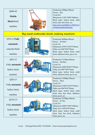 Carina Whatsapp/Mobile:0086 15554846886 Email:carina@yingchengchina.com
QM4-45
Mobile
Diesel brick
machine
Production:2880pcs/8hours
Power：6kw
Cycle:45s
Dimension:3150*1500*1800mm
Brick types: hollow brick, solid
brick, burn free brick, ect.
https://youtu.be/BjMkmq_f7QE?list=U
U0TMOLthhz0BTI6YNrQb1jQ
Big sized automatic brick making machine
QT4-15 Fully
automatic
concrete block
machine
Production:9600pcs/8hours
Power：26.45kw
Cycle:15s
Dimension:3550*2150*2750mm
Pallet size:960*550*30mm
Brick types: hollow brick, solid
brick, habiterra brick, paver ect.
QT6-15
Fully automatic
hollow brick
machine
Production:11520pcs/8hours
Power：30.45kw
Cycle:15s
Dimension:4500*2050*2750mm
Pallet size:900*700*30mm
Brick types: hollow brick, solid
brick, habiterra brick, paver ect.
QT8-15
Fully automatic
hollow brick
machine
Production:15600pcs/8hours
Power：36kw
Cycle:15s
Dimension:5100*2150*2750mm
Pallet size:960*850*30mm
Brick types: hollow brick, solid
brick, burn free brick, habiterra
brick, paver ect.
QT10-15
Fully automatic
hollow brick
machine
Production:19200pcs/8hours
Power：45.7kw
Cycle:15s
Dimension:3600*3100*3300mm
Pallet size:1100*870*30mm
Brick types: hollow brick, solid
brick, burn free brick, habiterra
brick, paver ect.
 