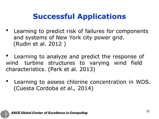  Learning to predict risk of failures for components
and systems of New York city power grid.
(Rudin et al. 2012 )
 Learning to analyze and predict the response of
wind turbine structures to varying wind field
characteristics. (Park et al. 2013)
 Learning to assess chlorine concentration in WDS.
(Cuesta Cordoba et al., 2014)
Successful Applications
12
 
