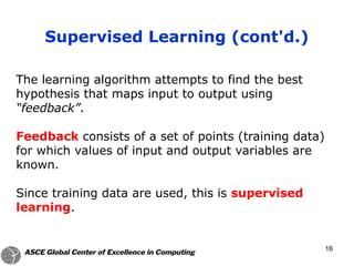 The learning algorithm attempts to find the best
hypothesis that maps input to output using
“feedback”.
Feedback consists of a set of points (training data)
for which values of input and output variables are
known.
Since training data are used, this is supervised
learning.
Supervised Learning (cont'd.)
16
 