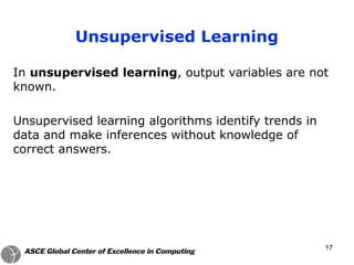 In unsupervised learning, output variables are not
known.
Unsupervised learning algorithms identify trends in
data and make inferences without knowledge of
correct answers.
Unsupervised Learning
17
 