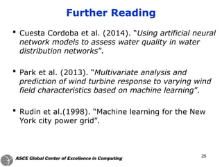 25
 Cuesta Cordoba et al. (2014). “Using artificial neural
network models to assess water quality in water
distribution networks”.
 Park et al. (2013). “Multivariate analysis and
prediction of wind turbine response to varying wind
field characteristics based on machine learning”.
 Rudin et al.(1998). “Machine learning for the New
York city power grid”.
Further Reading
 