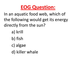 EOG Question:
In an aquatic food web, which of
the following would get its energy
directly from the sun?
    a) krill
    b) fish
    c) algae
    d) killer whale
 