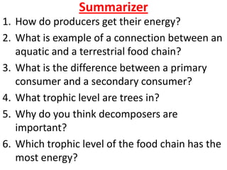 Summarizer
1. How do producers get their energy?
2. What is example of a connection between an
   aquatic and a terrestrial food chain?
3. What is the difference between a primary
   consumer and a secondary consumer?
4. What trophic level are trees in?
5. Why do you think decomposers are
   important?
6. Which trophic level of the food chain has the
   most energy?
 