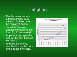 Inflation The Roman economy suffered greatly from inflation.  Inflation was the raising of prices. Once the Romans stopped conquering, the flow of gold decreased. As people kept spending money, the coin became worth less. To make up for this, merchants rose the price of the goods they sold.  