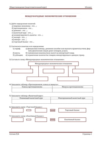 Обществоведение (подготовительный курс) 10 класс
Ситник П.В. Страница 1
МЕЖДУНАРОДНЫЕ ЭКОНОМИЧЕСКИЕ ОТНОШЕНИЯ
1. Дайте определение понятий:
а) мировая экономика - это …;
б) протекционизм - это …
в) демпинг - это …;
г) валютный курс - это …;
д) конвертируемость валюты - это …;
е) экспорт - это …;
ж) импорт - это …;
и) торговый баланс - это …
2. Соотнесите понятия и их определения:
1) тариф; а) финансовая помощь, денежное пособие или выплата правительством, фир-
мой, физическим лицом денег (товаров, услуг);
2) квота; б) таможенная пошлина (или налог) на импортный товар;
3) субсидия; в) ограничение количества товаров, импортируемых в данную страну.
3. Составьте схему «Международные экономические отношения»:
4. Заполните таблицу «Протекционизм: плюсы и минусы»:
Плюсы протекционизма Минусы протекционизма
5. Заполните таблицу «Валютный курс»:
Плавающий валютный курс Фиксированный валютный курс
6. Заполните схему «Торговый баланс»:
7. Заполните схему «Платёжный баланс»:
Международные экономические отношения
Торговый баланс
Платёжный баланс