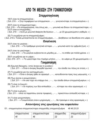19)Τι είναι τα σπερματογόνια ;
( Σελ. 210 - « Στην περιφέρεια των σπερματικών ... - ... γεννητικά κύτταρα, τα σπερματογόνια. » )
20)Τι είναι τα σπερματοκύτταρα ;
( Σελ. 210 - «Τα σπερματογόνια, που όπως και... - ... μιτωτικά και δίνουν τα σπερματοκύτταρα. » )
21)Τι είναι οι σπερματίδες ;
( Σελ. 210 - « Αυτά με μειωτική διαίρεση θα δώσουν ... - ... με 23 χρωμοσώματα η καθεμία. » )
22) Τι γνωρίζεται για τα σπερματοζωάρια ;
( Σελ. 210-« Τελικά μετατρέπονται σε σπερματοζωάρια... - … βοηθήσουν να διεισδύσει στο ωάριο. » )
23)Τι είναι τα ωογόνια ;
( Σελ. 210 - « Τα πρόδρομα γεννητικά κύτταρα ... - ... μιτωτικά κατά την εμβρυϊκή ζωή. » )
24)Τι είναι τα ωοκύτταρα ;
( Σελ. 210 - « Τα ωογόνια αυξάνονται σε μέγεθος με... - ... το στάδιο για πολλά χρόνια. » )
25)Τι γνωρίζεται για το ωάριο ;
( Σελ. 210 - 211 - « Το ωοκύτταρο που περιέχει μπαίνει ... - ... σε ωάριο με 23 χρωμοσώματα. » )
26) Ερωτική διέγερση, ( στον άντρα και τη γυναίκα )
( Σελ. 211 - « Όταν ο άντρας διεγερθεί ερωτικά ... - ... την είσοδο του πέους σε στύση. » )
27) Τι γνωρίζεται για την εκσπερμάτωση ;
( Σελ. 211 - « Όταν ο άντρας έρθει σε οργασμό ... - ... κατευθύνονται προς τους ωαγωγούς. » )
28) Πως γίνεται η γονιμοποίηση ;
( Σελ. 211 - « Αν εκεί τύχει να υπάρχει ένα ... - ... την είσοδο άλλων σπερματοζωαρίων. » )
29) Τι είναι το ζυγωτό ;
( Σελ. 211 - « Οι πυρήνες των δύο απλοειδών ... - ... κύτταρο του νέου οργανισμού. » )
30) Τι είναι η μείωση ;
( Σελ. 211 - «Από τα παραπάνω γίνεται προφανές ... - ... προκύπτουν απλοειδή κύτταρα. » )
31) Τι είναι γονιμοποίηση ;
( Σελ. 211 - « Γονιμοποίηση είναι ο μηχανισμός ... - ... θα προκύψει ο νέος οργανισμός. » )
Απαντήσεις στις ερωτήσεις του κεφαλαίου
Ε1. σπερματογόνια σπερματοκύτταρα σπερματίδες σπερματοζωάρια 46 46 23 23
 