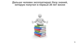 Дальше человек эксплуатирует базу знаний,
  которую получил в первые 20 лет жизни




                                            16
 