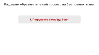 Разделим образовательный процесс на 3 условных этапа:



              1. Погружение в мир (до 9 лет)




                                                   23
 