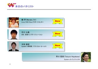 本日のパネリスト

織 学（Manabu Ori)
Linux/OSS Cloud サポートセンター

石川 公基
ＩＳＥ．仮想インフラ・ソリューション

半田 達郎
System x事業部．テクニカル・セールス

New

New

New

早川 哲郎（Tetsuro Hayakawa）
System xエバンジェリスト
2

 