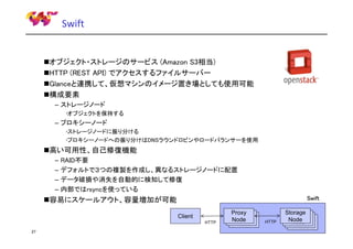 Swift

オブジェクト・ストレージのサービス (Amazon S3相当)
HTTP (REST API) でアクセスするファイルサーバー
Glanceと連携して、仮想マシンのイメージ置き場としても使用可能
構成要素
– ストレージノード
•オブジェクトを保持する

– プロキシーノード
•ストレージノードに振り分ける
•プロキシーノードへの振り分けはDNSラウンドロビンやロードバランサーを使用

高い可用性、自己修復機能
–
–
–
–

RAID不要
デフォルトで３つの複製を作成し、異なるストレージノードに配置
データ破損や消失を自動的に検知して修復
内部ではrsyncを使っている
Swift

容易にスケールアウト、容量増加が可能
Client
HTTP
27

Proxy
Proxy
Proxy
Node
Node
Node

HTTP

Storage
Storage
Storage
Storage
Node
Node
Node
Node

 