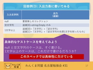 わんくま同盟 名古屋勉強会 #31 17
回答例(3): 入出力表に書いてみる
入力文字列
出力
(返値)
null 要素無しのコレクション
空文字列 返値[0]=string.Empty のみ
1文字以上
返値[0]=「文字列」+「逆文字列」
返値[1]=「文字列」+「逆文字列の先頭1文字を削ったもの」
具体的なテストケースを考えてみよう
null と空文字列のケースは、すぐ書ける。
1文字以上のケースは、これだけで書けるだろうか?
このスペックでは具体性に欠けている
 