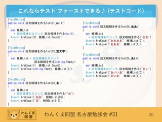 わんくま同盟 名古屋勉強会 #31 20
これならテスト ファーストできる♪ (テストコード)
[TestMethod]
public void 回文候補を作るTest01_null()
{
var 候補List
= 回文候補生ロジック.回文候補を作る(null);
Assert.AreEqual(0, 候補List.Count);
}
[TestMethod]
public void 回文候補を作るTest02_空文字()
{
var 候補List = 回文候補生ロジック
.回文候補を作る(string.Empty);
Assert.AreEqual(1, 候補List.Count);
Assert.AreEqual(string.Empty, 候補List[0]);
}
[TestMethod]
public void 回文候補を作るTest03_あ()
{
var 候補List
= 回文候補生ロジック.回文候補を作る("あ");
Assert.AreEqual("ああ", 候補List[0]);
Assert.AreEqual("あ", 候補List[1]);
}
[TestMethod]
public void 回文候補を作るTest04_ああ()
{
var 候補List
= 回文候補生ロジック.回文候補を作る("ああ");
Assert.AreEqual("ああああ", 候補List[0]);
Assert.AreEqual("あああ", 候補List[1]);
}
[TestMethod]
public void 回文候補を作るTest05_あい()
{
var 候補List
= 回文候補生ロジック.回文候補を作る("あい");
Assert.AreEqual("あいいあ", 候補List[0]);
Assert.AreEqual("あいあ", 候補List[1]);
}
 