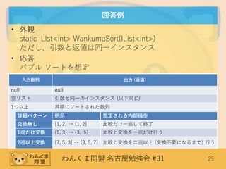 わんくま同盟 名古屋勉強会 #31 25
回答例
• 外観
static IList<int> WankumaSort(IList<int>)
ただし、引数と返値は同一インスタンス
• 応答
バブル ソートを想定
入力数列 出力 (返値)
null null
空リスト 引数と同一のインスタンス (以下同じ)
1つ以上 昇順にソートされた数列
詳細パターン 例示 想定される内部操作
交換無し {1, 2} → {1, 2} 比較だけ一巡して終了
1巡だけ交換 {5, 3} → {3, 5} 比較と交換を一巡だけ行う
2巡以上交換 {7, 5, 3} → {3, 5, 7} 比較と交換を二巡以上 (交換不要になるまで) 行う
 