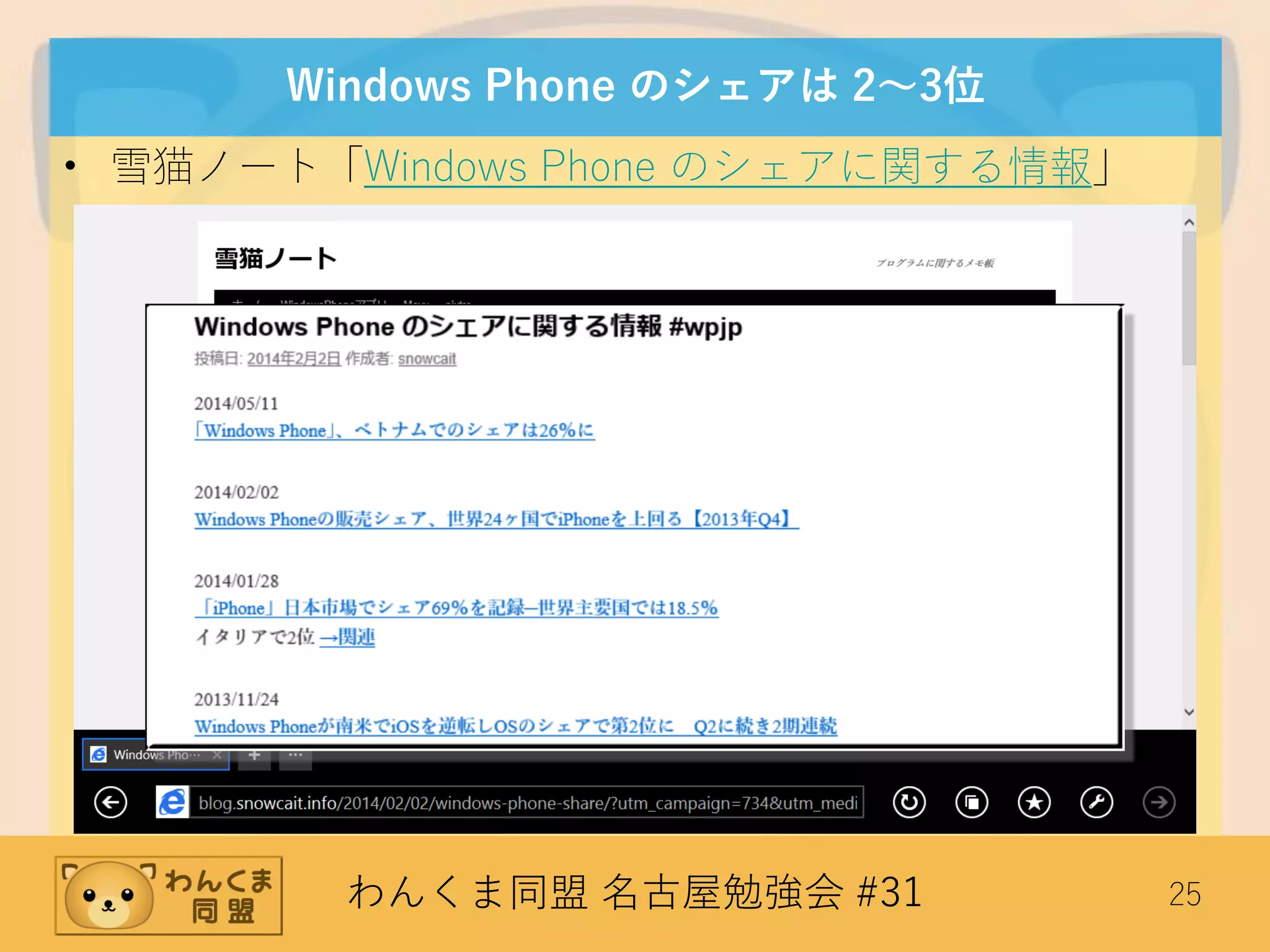 わんくま同盟 名古屋勉強会 #31 25
Windows Phone のシェアは 2～3位
• 雪猫ノート「Windows Phone のシェアに関する情報」
 
