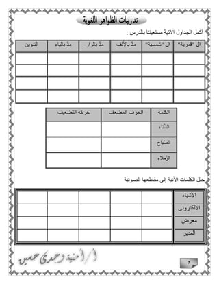 7
: ‫بالدرس‬ ‫ا‬ً‫ـ‬‫مستعين‬ ‫اآلتية‬ ‫الجداول‬ ‫أكمل‬
"‫"قمرية‬ ‫ال‬"‫"شمسية‬ ‫ال‬‫باأللف‬ ّ‫د‬‫م‬‫بالواو‬ ّ‫د‬‫م‬‫بالياء‬ ّ‫د‬‫م‬‫التنوين‬
‫الصوتية‬ ‫مقاطعها‬ ‫إلى‬ ‫اآلتية‬ ‫الكلمات‬ ‫حلل‬
‫األشياء‬
‫االلكترونى‬
‫معرض‬
‫المدير‬
‫الكلمة‬‫ا‬‫المضعف‬ ‫لحرف‬‫التضعيف‬ ‫حركة‬
‫ال‬‫تاء‬ّ‫ش‬
‫باح‬ّ‫الص‬
‫مالء‬ّ‫الز‬
 