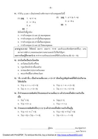 -3-

            11. กําให้ p, q และ r เป็ นประพจน์ จงพิจารณาการอ้างเหตุผลต่อไปนี
                (1) เหตุ 1. ~p  ~q                              (2) เหตุ 1. p  (p  ~q)
                             2. ~r  q                                       2. p  q
                             3. p                                      ผล q
                     ผล r
                ข้อใดต่อไปนีถูกต้อง
                ก. การอ้างเหตุผล (1) และ (2) สมเหตุสมผล
                ข. การอ้างเหตุผล (1) เท่านันทีสมเหตุสมผล
                ค. การอ้างเหตุผล (2) เท่านันทีสมเหตุสมผล
                ง. การอ้างเหตุผล (1) และ (2) ไม่สมเหตุสมผล
             มาตรฐาน ค 4.2 ใช้นิพจน์ สมการ อสมการ กราฟ และตัวแบบเชิงคณิตศาสตร์อนๆ แทน      ื
                สถานการณ์ต่างๆ ตลอดจนแปลความหมายและนํ าไปใช้แก้ปญหา ั
             ผลการเรียนรู้ทีคาดหวัง 4. หาค่าความจริงของประพจน์ทมีตวบ่งปริมาณ (ข้อ 12 – 15)
                                                               ี ั
            12. ประโยคใดเป็ นประโยคเปิ ด
                ก. เขาไม่ชอบไปเทียวทีไหน
                ข. กรุณาปิดหน้าต่างชันบนด้วย
                ค. เขาชนะเลิศการประกวดร้องเพลง
                ง. พระอาทิตย์ขนทางทิศตะวันตก
                              ึ
            13. “มี x บางตัว ซึง x เป็ นจํานวนเต็ม และ x + 2 < 5” เขียนในรูปสัญลักษณ์ ทีมีตวบ่งปริ มาณ
                                                                                           ั
                ได้ดงข้อใด
                     ั
                ก. x[x  I  x + 2 < 5]                      ข. x[x  I  x + 2 < 5]
                ค. x[x  I  x + 2 < 5]                      ง. x[x  I  x + 2 < 5]
            14. ถ้ากําหนดเอกภพสัมพัทธ์ คือเซตของจํานวนเต็มบวก แล้วประพจน์ ใดมีความจริ งเป็ น
                เท็จ
                ก. x[x2  0]                          ข. x[|x|  1]
                ค. x[x + 0 = x]                       ง. x[x + 1 > x]
            15. กําหนดเอกภพสัมพัทธ์คือ {-1, 0, 1} แล้วประพจน์ ใดมีความจริ งเป็ นเท็จ
                ก. x[x < 0  x2 > 0]                     ข. x[x < 0]  x[x2 > 0]
                ค. x[x < 0]  x[x – 1 = 0]              ง. x[x < 0  x – 1 = 0]



                                                      ผูสอน
                                                        ้                               หน.กลุ่มสาระฯ
                                                                                         รองฯ วิชาการ
Created with Print2PDF. To remove this line, buy a license at: http://www.software602.com/
 