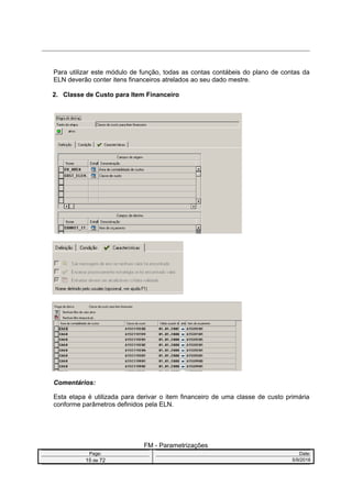Para utilizar este módulo de função, todas as contas contábeis do plano de contas da
ELN deverão conter itens financeiros atrelados ao seu dado mestre.
2. Classe de Custo para Item Financeiro
Comentários:
Esta etapa é utilizada para derivar o item financeiro de uma classe de custo primária
conforme parâmetros definidos pela ELN.
FM - Parametrizações
Page: Date:
15 de 72 5/9/2016
 