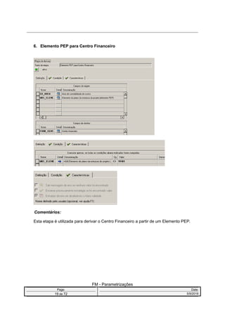 6. Elemento PEP para Centro Financeiro
Comentários:
Esta etapa é utilizada para derivar o Centro Financeiro a partir de um Elemento PEP.
FM - Parametrizações
Page: Date:
19 de 72 5/9/2016
 