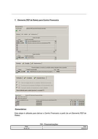 7. Elemento PEP de Rateio para Centro Financeiro
Comentários:
Esta etapa é utilizada para derivar o Centro Financeiro a partir de um Elemento PEP de
Rateio.
FM - Parametrizações
Page: Date:
20 de 72 5/9/2016
 