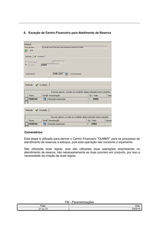 8. Exceção de Centro Financeiro para Atedimento de Reserva
Comentários:
Esta etapa é utilizada para derivar o Centro Financeiro “DUMMY” para os processos de
atendimento de reservas a estoque, pois esta operação não consome o orçamento.
São utilizadas duas regras, pois são utilizadas duas operações empresariais no
atendimento de reserva, não necessariamente as duas ocorrem em conjunto, por isso a
necessidade da criação de duas regras.
FM - Parametrizações
Page: Date:
21 de 72 5/9/2016
 
