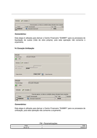 Comentários:
Esta etapa é utilizada para derivar o Centro Financeiro “DUMMY” para os processos de
liquidação de custos (mão de obra própria), pois esta operação não consome o
orçamento.
14. Exceção Unitização
Comentários:
Esta etapa é utilizada para derivar o Centro Financeiro “DUMMY” para os processos de
unitização, pois esta operação não consome o orçamento.
FM - Parametrizações
Page: Date:
25 de 72 5/9/2016
 