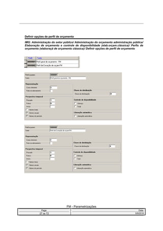 Definir opções de perfil de orçamento
IMG: Administração do setor público/ Administração do orçamento administração pública/
Elaboração de orçamento e controle de disponibilidade (elab.orçam.clássica)/ Perfis de
orçamento (elaboraçã de orçamento clássica)/ Definir opções de perfil de orçamento
FM - Parametrizações
Page: Date:
27 de 72 5/9/2016
 