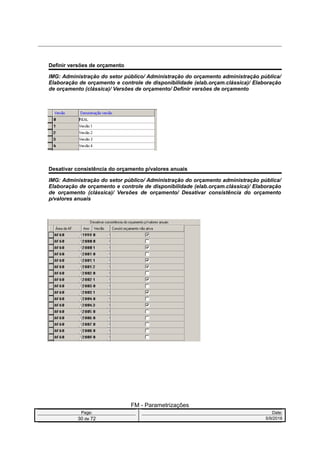 Definir versões de orçamento
IMG: Administração do setor público/ Administração do orçamento administração pública/
Elaboração de orçamento e controle de disponibilidade (elab.orçam.clássica)/ Elaboração
de orçamento (clássica)/ Versões de orçamento/ Definir versões de orçamento
Desativar consistência do orçamento p/valores anuais
IMG: Administração do setor público/ Administração do orçamento administração pública/
Elaboração de orçamento e controle de disponibilidade (elab.orçam.clássica)/ Elaboração
de orçamento (clássica)/ Versões de orçamento/ Desativar consistência do orçamento
p/valores anuais
FM - Parametrizações
Page: Date:
30 de 72 5/9/2016
 