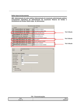 Definir tipos de documentos
IMG: Administração do setor público/ Administração do orçamento administração pública/
Lançamentos específicos da administração do orçamento/ Reserva de fundos e
transferência de fundos/ Definir tipos de documentos
FM - Parametrizações
Page: Date:
43 de 72 5/9/2016
Não Utilizado
Não Utilizado
Não Utilizado
 