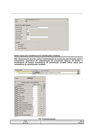 Definir regras para transferência de classificações contábeis
IMG: Administração do setor público/ Administração do orçamento administração pública/
Lançamentos específicos da administração do orçamento/ Reserva de fundos e
transferência de fundos/ Transferência de classificação contábil/ Definir regras para
transferência de classificações contábeis
FM - Parametrizações
Page: Date:
46 de 72 5/9/2016
 