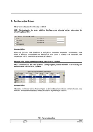 3. Configurações Globais
Ativar elementos de classificação contábil
IMG: Administração do setor público/ Configurações globais/ Ativar elementos de
classificação contábil
Comentários:
Avaliou-se que não será necessária a ativação da dimensão “Programa Orçamentário” para
refletir a estrutura orçamentária da Eletronorte, pois como o projeto é de migração, não
utilizaremos o BCS, mas sim a orçamentação clássica.
Permitir valor inicial para elementos de classificação contábil
IMG: Administração do setor público/ Configurações globais/ Permitir valor inicial para
elementos de classificação contábil
Comentários:
Não serão permitidos valores “brancos” para as dimensões orçamentárias acima indicadas, pois
nenhuma dessas dimensões está sendo utilizada na orçamentação clássica.
FM - Parametrizações
Page: Date:
5 de 72 5/9/2016
 