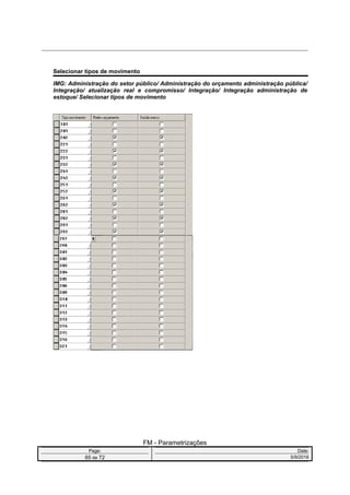 Selecionar tipos de movimento
IMG: Administração do setor público/ Administração do orçamento administração pública/
Integração/ atualização real e compromisso/ Integração/ Integração administração de
estoque/ Selecionar tipos de movimento
FM - Parametrizações
Page: Date:
65 de 72 5/9/2016
 
