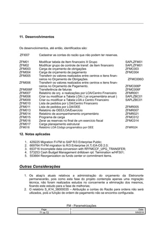 11. Desenvolvimentos
Os desenvolvimentos, até então, identificados são:
ZFI007 Cadastrar as contas do razão que não podem ter reservas.
ZFM01 Modificar tabela de Item financeiro X Grupo SAPLZFM01
ZFM02 Modificar grupo de controle de transf. de Item financeiro SAPLZFM01
ZFM003 Carga de orçamento de obrigações ZFMC003
ZFM004 Carga de orçamento de pagamento ZFMC004
ZFM005 Transferir os valores realizados entre centros e itens finan-
ceiros no Orçamento de Obrigações. ZFMC006O
ZFM006 Transferir os valores realizados entre centros e itens finan-
ceiros no Orçamento de Pagamento. ZFMC006P
ZFM006F Transferência de faturas ZFMC006F
ZFM007 Relatório de orç. e realizações por LOA/Centro Financeiro ZFMR001
ZFM008 Criar ou modificar a Tabela LOA ( Lei orçamentária anual ) SAPLZBC01
ZFM009 Criar ou modificar a Tabela LOA x Centro Financeiro SAPLZBC01
ZFM010 Lista de pedidos por LOA/Centro Financeiro
ZFM011 Lista de pedidos por LOA/OEE ZFMR005
ZFM013 Relatório de OEE/LOA/Exercício ZFMR007
ZFM014 Relatório de acompanhamento orçamentário ZFMR021
ZFM015 Programa de carga ZFMC012
ZFM016 Zerar as reservas no final de um exercício fiscal ZFMC014
ZFM017 Carga planejamento estrutural
ZFM018 Relatório LOA Código programático por OEE ZFMR024
12. Notas aplicadas
1. 429225 Migration FI-FM to SAP R/3 Enterprise Public;
2. 669764 FI-FM migration to R/3 Enterprise (4.7) EA-OS 2.0;
3. 653716 Incomplete data conversion with RFFMCCF_UPG_TRANSFER;
4. 573253 Cash Budget Management drilldown rpt: Termination w/HF501;
5. 553664 Reorganization os funds center or commitment items.
Outras Considerações
1. Os abap’s atuais relativos a administração do orçamento da Eletronorte
permanecerão, pois como esta fase do projeto contempla apenas uma migração
técnica, não foram realizados estudos no concernente a eliminação dos mesmos,
ficando este estudo para a fase de melhorias;
2. O relatório S_K14_38000035 – Atribuição a contas do Razão para ordens não será
utlizados, pois a função de ordem de pagamento não se encontra configurada.
FM - Parametrizações
Page: Date:
71 de 72 5/9/2016
 