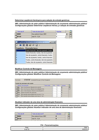 Determinar seqüência hierárquica para seleção de entrada genéricas
IMG: Administração do setor público/ Administração do orçamento administração pública/
Configurações globais/ Determinar seqüência hierarq. p/ seleção de entradas genéricas
Modificar Controle de Mensagens
IMG: Administração do setor público/ Administração do orçamento administração pública/
Configurações globais/ Modificar Controle de Mensagens
Atualizar indicador de uma área de administração financeira
IMG: Administração do setor público/ Administração do orçamento administração pública/
Configurações globais/ Atualizar indicador de uma área de administração financeira
FM - Parametrizações
Page: Date:
8 de 72 5/9/2016
 