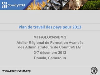 Plan de travail des pays pour 2013
MTF/GLO/345/BMG
Atelier Régional de Formation Avancée
des Administrateurs de CountrySTAT
3-7 décembre 2012
Douala, Cameroun
 