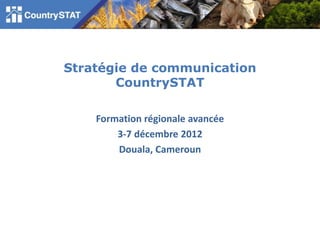 Stratégie de communication
CountrySTAT
Formation régionale avancée
3-7 décembre 2012
Douala, Cameroun
 