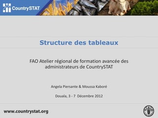 Structure des tableaux
FAO Atelier régional de formation avancée des
administrateurs de CountrySTAT
Angela Piersante & Moussa Kaboré
Douala, 3 - 7 Décembre 2012
 