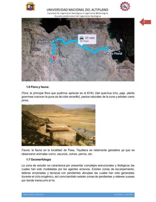 UNIVERSIDAD NACIONAL DEL ALTIPLANO
Facultad de Ingeniería Geológica e Ingeniería Metalúrgica
Escuela profesional de Ingeniería Geológica
METALURGIA EXTRACTIVA INGENIERIA GEOLOGICA
4
1.6 Flora y fauna:
Flora: la principal flora que pudimos apreciar es el ICHU (del quechua ichu, paja, planta
gramínea creceen la puna es de color amarillo), pastos naturales de la zona y arboles como
pinos.
Fauna: la fauna en la localidad de Paxa, Tiquillaca es netamente ganadera ya que se
observaron animales como: vacunos, ovinos, perros, etc.
1.7 Geomorfología
La zona de estudio se caracteriza por presentar complejos estructurales y litológicos las
cuales han sido modeladas por los agentes erosivos. Existen zonas de escarpamiento,
laderas empinadas y terrazas con pendientes abruptas las cuales han sido generadas
durante el ciclo orogénico, así comotambién existen zonas de pendientes y relieves suaves
por donde transcurre el rio.
 