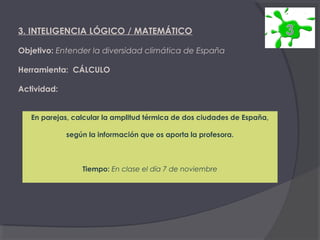 3. INTELIGENCIA LÓGICO / MATEMÁTICO
Objetivo: Entender la diversidad climática de España
Herramienta: CÁLCULO
Actividad:
En parejas, calcular la amplitud térmica de dos ciudades de España,
según la información que os aporta la profesora.

Tiempo: En clase el día 7 de noviembre

 