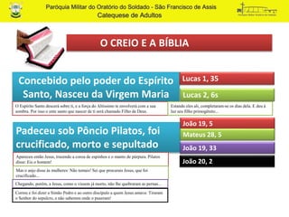 O CREIO E A BÍBLIA
Concebido pelo poder do Espírito
Santo, Nasceu da Virgem Maria
Lucas 1, 35
Padeceu sob Pôncio Pilatos, foi
crucificado, morto e sepultado
Lucas 2, 6s
O Espírito Santo descerá sobre ti, e a força do Altíssimo te envolverá com a sua
sombra. Por isso o ente santo que nascer de ti será chamado Filho de Deus.
Estando eles ali, completaram-se os dias dela. E deu à
luz seu filho primogênito...
João 19, 5
Mateus 28, 5
João 19, 33
João 20, 2
Apareceu então Jesus, trazendo a coroa de espinhos e o manto de púrpura. Pilatos
disse: Eis o homem!
Mas o anjo disse às mulheres: Não temais! Sei que procurais Jesus, que foi
crucificado...
Chegando, porém, a Jesus, como o vissem já morto, não lhe quebraram as pernas...
Correu e foi dizer a Simão Pedro e ao outro discípulo a quem Jesus amava: Tiraram
o Senhor do sepulcro, e não sabemos onde o puseram!
 