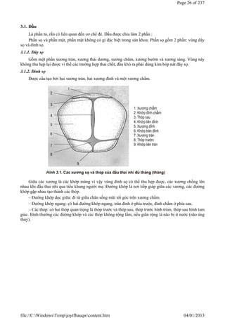 3.1. Đầu
Là phần to, rắn có liên quan đến cơ chế đẻ. Đầu được chia làm 2 phần :
Phần sọ và phần mặt, phần mặt không có gì đặc biệt trong sản khoa. Phần sọ gồm 2 phần: vùng đáy
sọ và đỉnh sọ.
3.1.1. Đáy sọ
Gồm một phần xương trán, xương thái dương, xương chũm, xương bướm và xương sàng. Vùng này
không thu hẹp lại được vì thế các trường hợp thai chết, đầu khó ra phải dùng kìm bóp nát đáy sọ.
3.1.2. Đỉnh sọ
Được cấu tạo bởi hai xương trán, hai xương đỉnh và một xương chẩm.
Giữa các xương là các khớp màng vì vậy vùng đỉnh sọ có thể thu hẹp được, các xương chồng lên
nhau khi đầu thai nhi qua tiểu khung người mẹ. Đường khớp là nơi tiếp giáp giữa các xương, các đường
khớp gặp nhau tạo thành các thóp.
– Đường khớp dọc giữa: đi từ giữa chân sống mũi tới góc trên xương chẩm.
– Đường khớp ngang: có hai đường khớp ngang, trán đỉnh ở phía trước, đỉnh chẩm ở phía sau.
– Các thóp: có hai thóp quan trọng là thóp trước và thóp sau, thóp trước hình trám, thóp sau hình tam
giác. Bình thường các đường khớp và các thóp không rộng lắm, nếu giãn rộng là não bị ứ nước (não úng
thuỷ).
Page 26 of 237
04/01/2013
file://C:WindowsTempjoytfbauqwcontent.htm
 