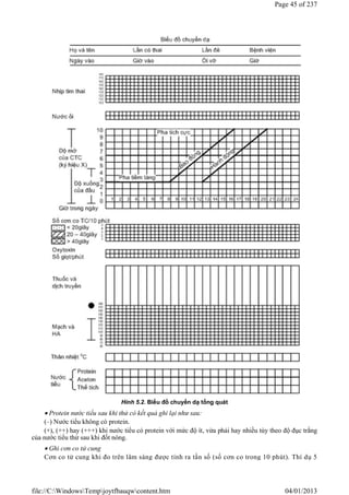 Hình 5.2. Biểu đồ chuyển dạ tổng quát
 Protein nước tiểu sau khi thử có kết quả ghi lại như sau:
(–) Nước tiểu không có protein.
(+), (++) hay (+++) khi nước tiểu có protein với mức độ ít, vừa phải hay nhiều tùy theo độ đục trắng
của nước tiểu thử sau khi đốt nóng.
 Ghi cơn co tử cung
Cơn co tử cung khi đo trên lâm sàng được tính ra tần số (số cơn co trong 10 phút). Thí dụ 5
Page 45 of 237
04/01/2013
file://C:WindowsTempjoytfbauqwcontent.htm
 
