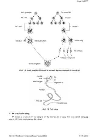 2.2. Di chuyển của trứng
Di chuyển là sự chuyển rời của trứng từ nơi thụ tinh vào đến tử cung. (Nơi noãn và tinh trùng gặp
nhau là ở 1/3 phía ngoài của ống dẫn trứng).
Page 8 of 237
04/01/2013
file://C:WindowsTempjoytfbauqwcontent.htm
 
