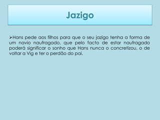 Jazigo

Hans pede aos filhos para que o seu jazigo tenha a forma de
um navio naufragado, que pelo facto de estar naufragado
poderá significar o sonho que Hans nunca o concretizou, o de
voltar a Vig e ter o perdão do pai.
 