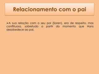 Relacionamento com o pai

A sua relação com o seu pai (Soren), era de respeito, mas
conflituosa, sobretudo a partir do momento que Hans
desobedece ao pai.
 