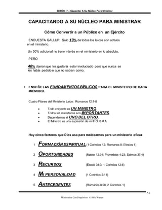 SESIÓN 7 – Capacitar A Su Núcleo Para Ministrar
Ministerios Con Propósitos © Rick Warren
55
CAPACITANDO A SU NÚCLEO PARA MINISTRAR
Cómo Convertir a un Público en un Ejército
ENCUESTA GALLUP: Solo 10% de todos los laicos son activos
en el ministerio.
Un 50% adicional no tiene interés en el ministerio en lo absoluto.
PERO
40% dijeron que les gustaría estar involucrado pero que nunca se
les había pedido o que no sabían como.
I. ENSEÑE LAS FUNDAMENTOSBÍBLICOS PARA EL MINISTERIO DE CADA
MIEMBRO.
Cuatro Pilares del Ministerio Laico: Romanos 12:1-8
 Todo creyente es UN MINISTRO.
 Todos los ministerios son IMPORTANTES.
 Dependemos el UNO DEL OTRO.
 El Ministro es una expresión de mi F.O.R.M.A.
Hay cinco factores que Dios usa para moldearnos para un ministerio eficaz
1 FORMACIÓN ESPIRITUAL (1 Corintios 12; Romanos 8; Efesios 4)
2 OPORTUNIDADES (Mateo 12:34; Proverbios 4:23; Salmos 37:4)
3 RECURSOS (Éxodo 31:3; 1 Corintios 12:5)
4 MI PERSONALIDAD (1 Corintios 2:11)
5 ANTECEDENTES (Romanos 8:28; 2 Corintios 1)
 