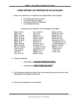 SESIÓN 1 – Cómo Edificar Una Iglesia Con Propósito
Ministerios Con Propósitos © Rick Warren
6
CÓMO DEFINIR LOS PROPÓSITOS DE SU IGLESIA
1. Dirija a sus miembros en un estudio de los pasajes bíblicos sobre la iglesia:
 El ministerio de Cristo en la tierra
 Las ilustraciones de la iglesia
 Las iglesias del Nuevo Testamento
 Los mandatos del Cristo
Versículos que se relacionan con los propósitos de la iglesia
Mateo 5:13-16 Juan 13:34-35 Efesios 2:19-22
Mateo 9:35 Juan 20:21 Efesios 3:6, 14-21
Mateo 11:28-30 Hechos 1:8 Efesios 4:11-16
Mateo 16:15-19 Hechos 2:41-47 Efesios 5:23-24
Mateo 18:19-20 Hechos 4:32-35 Colosenses 1:24
Mateo 22:36-40 Hechos 5:42 Colosenses 3:15-16
Mateo 24:14 Hechos 6:1-7 1 Tesalonicenses 1:3
Mateo 25:34-40 Romanos 12:1-8 1 Tesalonicenses 5:11
Mateo 28:18-20 Romanos 15:1-7 Hebreos 10:24-25
Marcos 10:43-45 1 Corintios 12:12-31 Hebreos 13:7,17
Lucas 4:18-19 2 Corintios 5 17-6:1 1 Pedro 2:9-10
Lucas 4:43-44 Gálatas 5:13-15 1 Juan 1:5-7
Juan 4:23 Gálatas 6:1-2 1 Juan 4:7-21
Juan 10:14-18 Efesios 1:22-23
2. Haga dos preguntas:
 ¿Qué debemos HACER COMO IGLESIA?
 ¿Qué debemos SER COMO IGLESIA?
3. Escriba algunos párrafos que digan todo lo que usted piensa que tiene que ser dicho.
Después quite las palabras innecesarias.
4. Resuma sus respuestas en una sola frase.
 