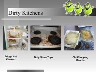 Dirty KitchensDirty Kitchens
Fridge Not
Cleaned
Dirty Stove Tops Old Chopping
Boards
 