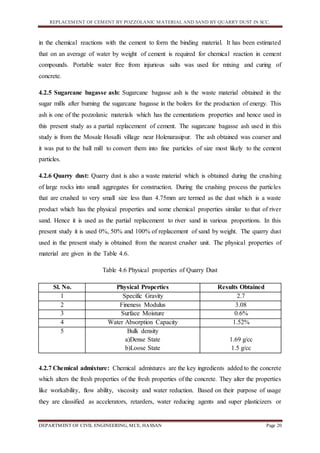 REPLACEMENT OF CEMENT BY POZZOLANIC MATERIAL AND SAND BY QUARRY DUST IN SCC.
DEPARTMENT OF CIVIL ENGINEERING, MCE, HASSAN Page 20
in the chemical reactions with the cement to form the binding material. It has been estimated
that on an average of water by weight of cement is required for chemical reaction in cement
compounds. Portable water free from injurious salts was used for mixing and curing of
concrete.
4.2.5 Sugarcane bagasse ash: Sugarcane bagasse ash is the waste material obtained in the
sugar mills after burning the sugarcane bagasse in the boilers for the production of energy. This
ash is one of the pozzolanic materials which has the cementations properties and hence used in
this present study as a partial replacement of cement. The sugarcane bagasse ash used in this
study is from the Mosale Hosalli village near Holenarasipur. The ash obtained was coarser and
it was put to the ball mill to convert them into fine particles of size most likely to the cement
particles.
4.2.6 Quarry dust: Quarry dust is also a waste material which is obtained during the crushing
of large rocks into small aggregates for construction. During the crushing process the particles
that are crushed to very small size less than 4.75mm are termed as the dust which is a waste
product which has the physical properties and some chemical properties similar to that of river
sand. Hence it is used as the partial replacement to river sand in various proportions. In this
present study it is used 0%, 50% and 100% of replacement of sand by weight. The quarry dust
used in the present study is obtained from the nearest crusher unit. The physical properties of
material are given in the Table 4.6.
Table 4.6 Physical properties of Quarry Dust
Sl. No. Physical Properties Results Obtained
1 Specific Gravity 2.7
2 Fineness Modulus 3.08
3 Surface Moisture 0.6%
4 Water Absorption Capacity 1.52%
5 Bulk density
a)Dense State
b)Loose State
1.69 g/cc
1.5 g/cc
4.2.7 Chemical admixture: Chemical admixtures are the key ingredients added to the concrete
which alters the fresh properties of the fresh properties of the concrete. They alter the properties
like workability, flow ability, viscosity and water reduction. Based on their purpose of usage
they are classified as accelerators, retarders, water reducing agents and super plasticizers or
 