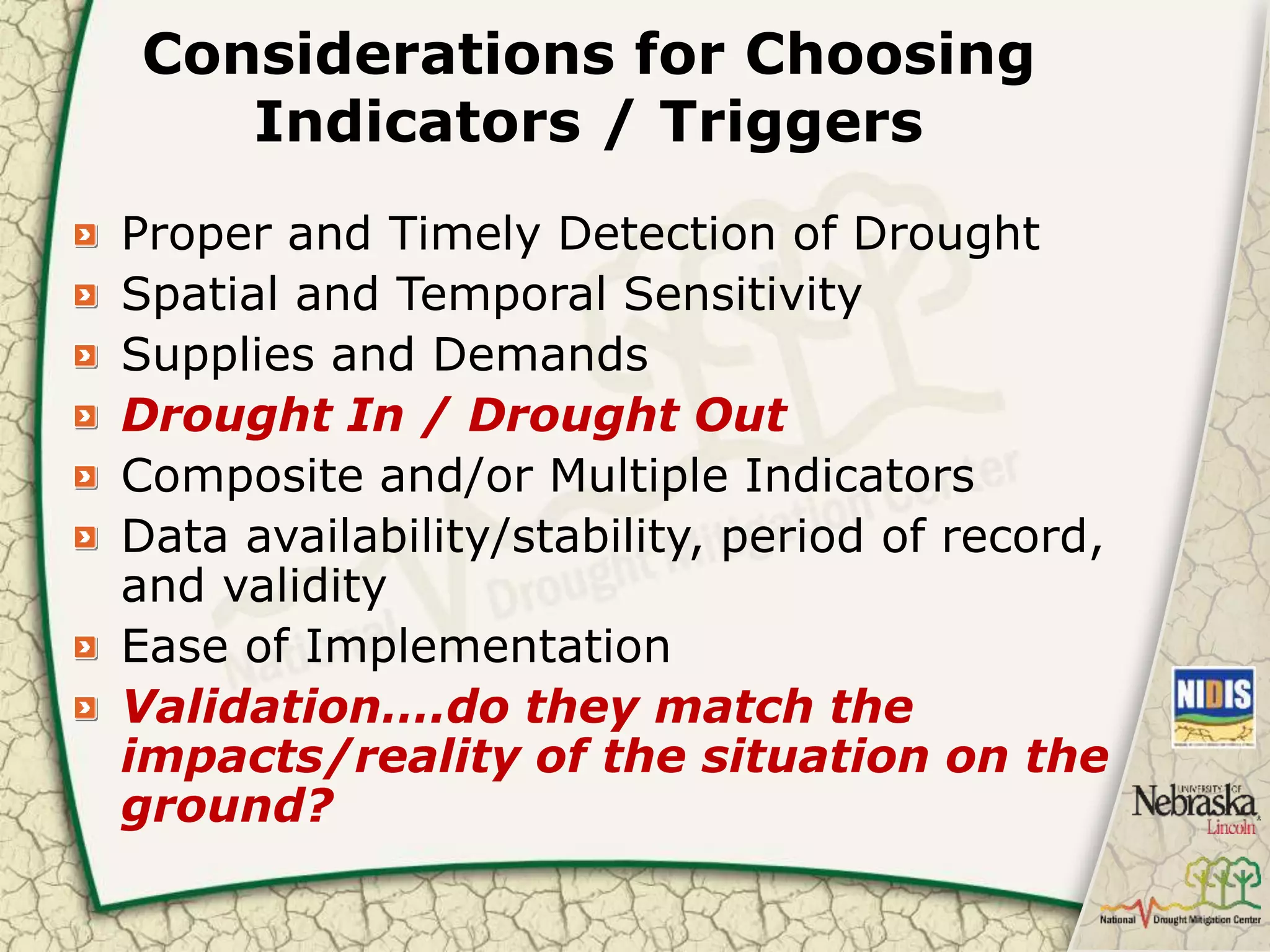 Overview of Drought Indicators and their application in the context of